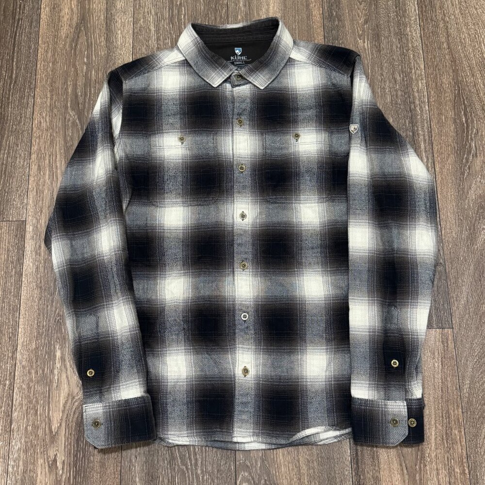 Kuhl The Law Flannel Shirt Men's Small Black Sand Plaid Outdoors Hiking 7373